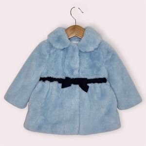 Janie and Jack Faux Fur Coat Ice Blue w/ Navy Bow‎ Dressy Outerwear 12-18 months
